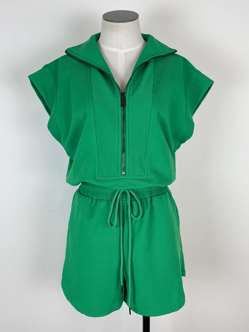 Leia Textured Zip Up Romper in Green