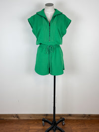 Leia Textured Zip Up Romper in Green