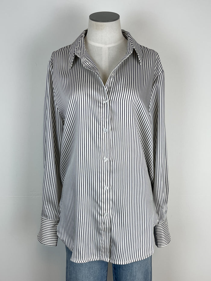 Nicole Pinstriped Satin Blouse in Ivory/Black