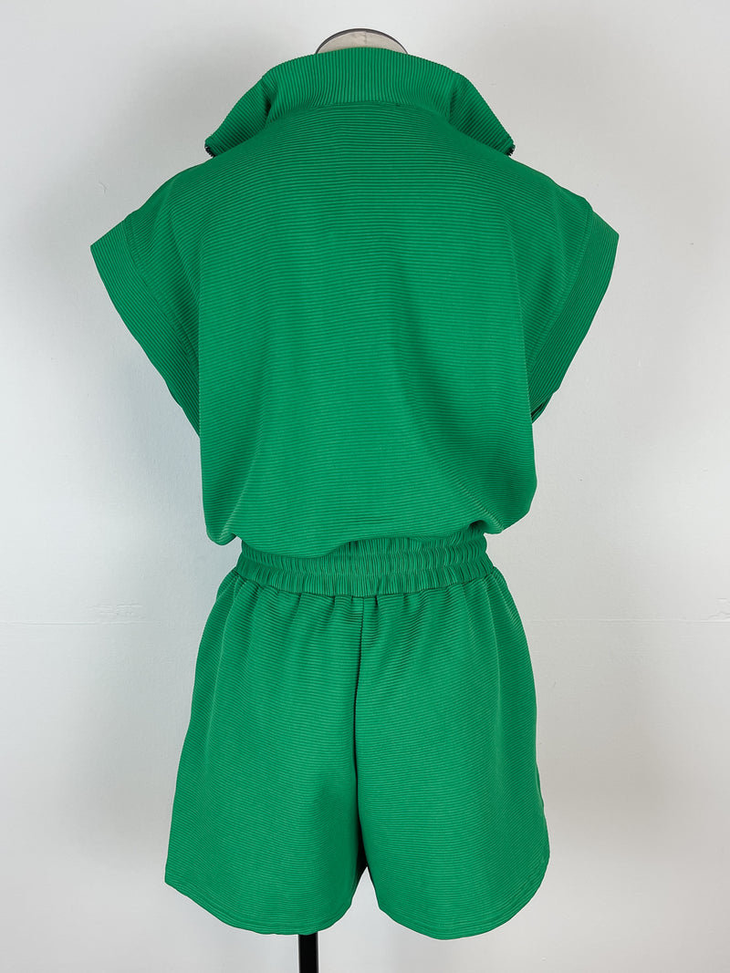 Leia Textured Zip Up Romper in Green