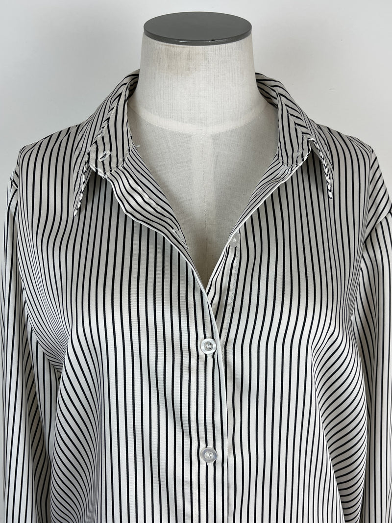 Nicole Pinstriped Satin Blouse in Ivory/Black