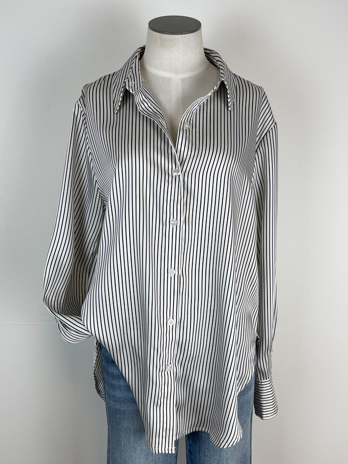 Nicole Pinstriped Satin Blouse in Ivory/Black