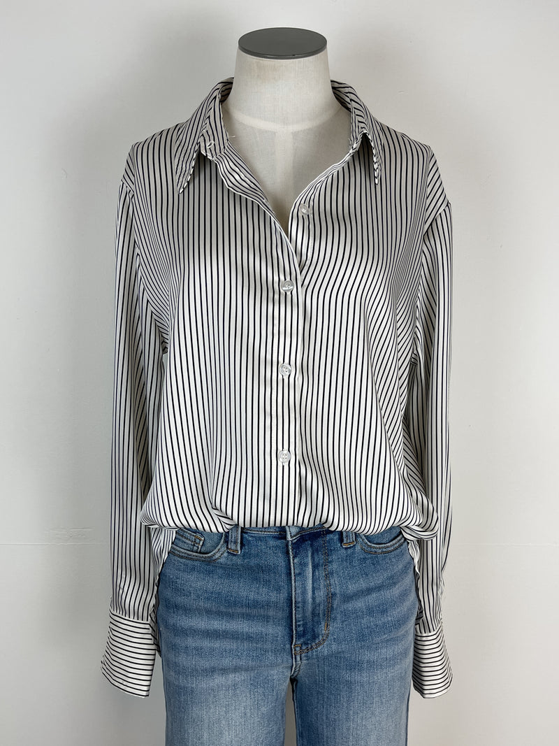 Nicole Pinstriped Satin Blouse in Ivory/Black