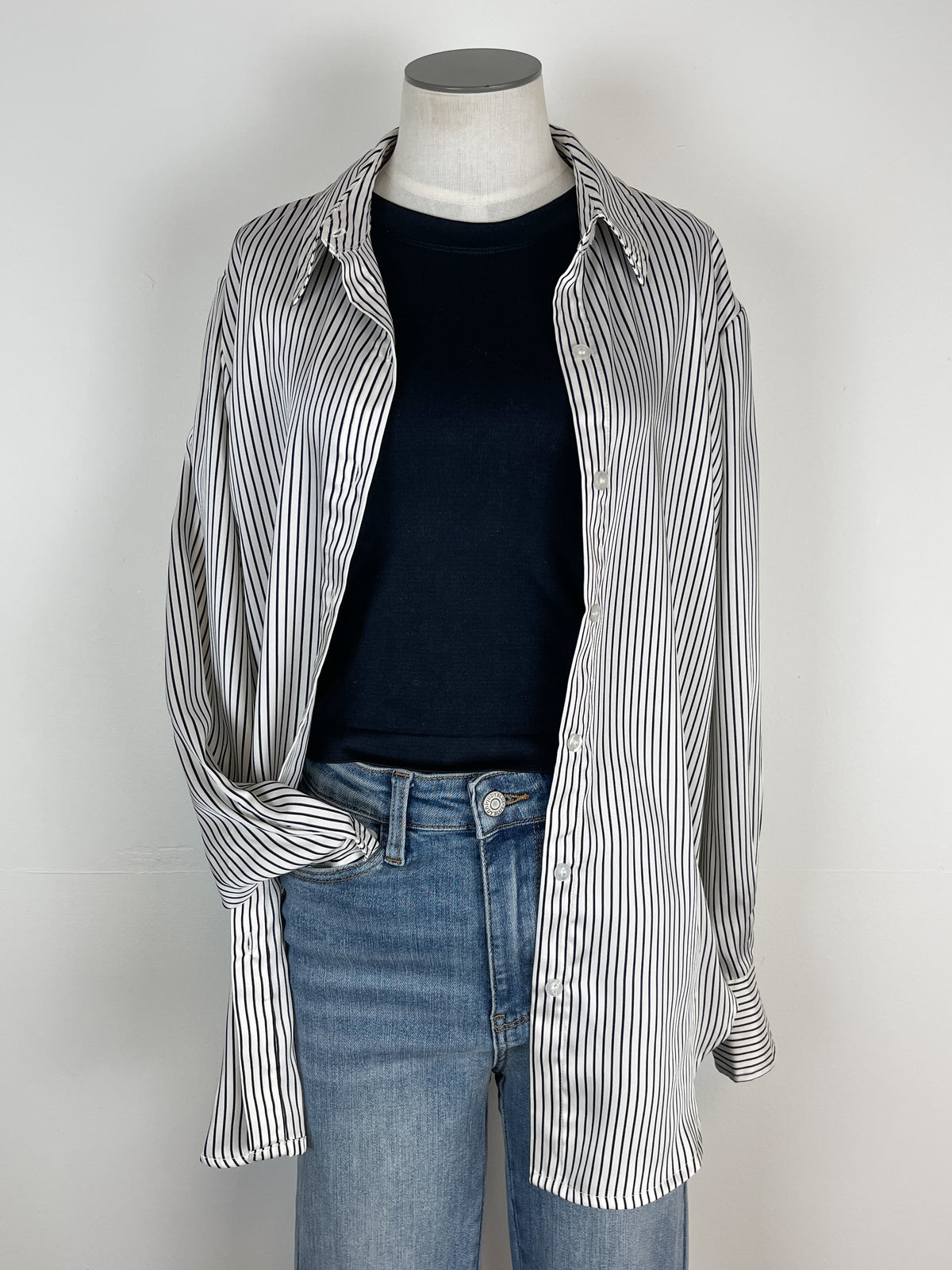 Nicole Pinstriped Satin Blouse in Ivory/Black