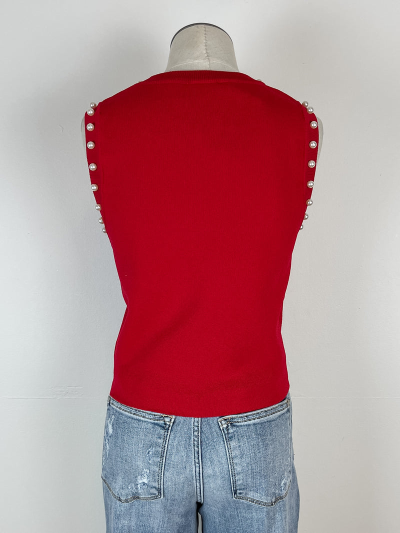 Lilah Pearl Trim Tank in Red