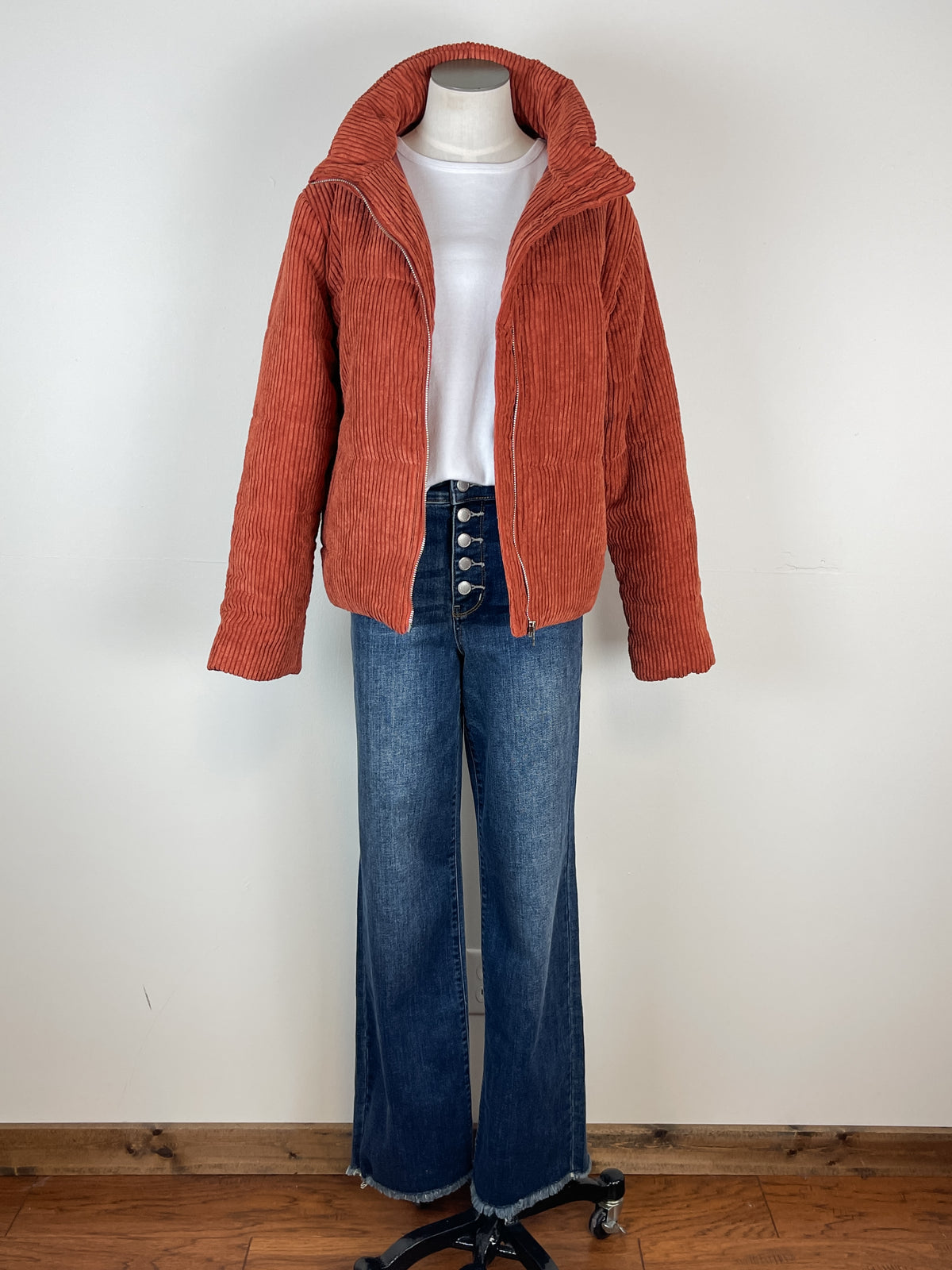 burnt orange corduroy puffer jacket