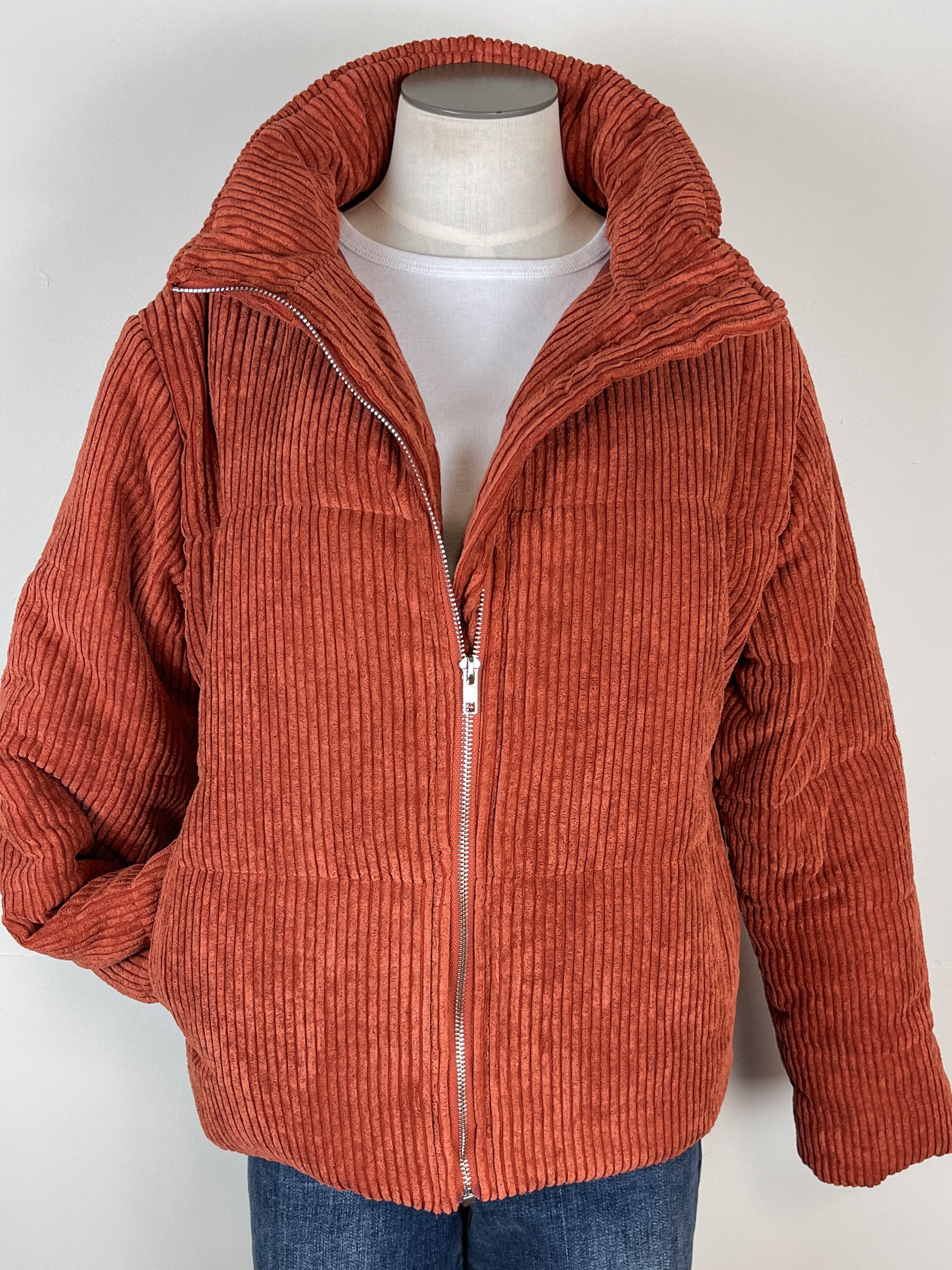 Red corduroy puffer on sale jacket