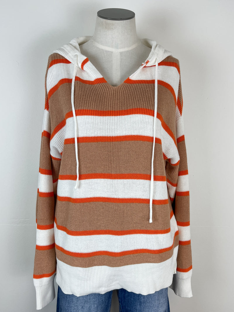 Kit Striped Hooded Sweater in Tan/Orange
