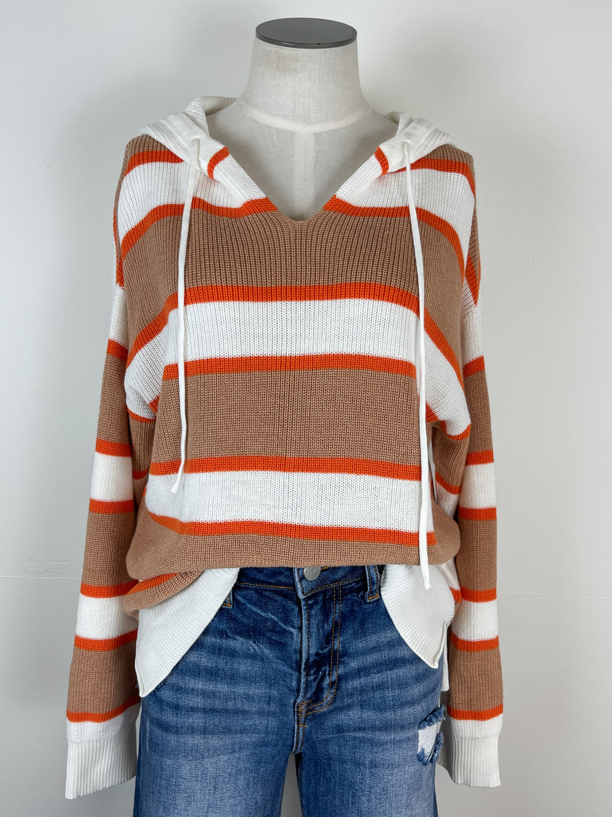Kit Striped Hooded Sweater in Tan/Orange