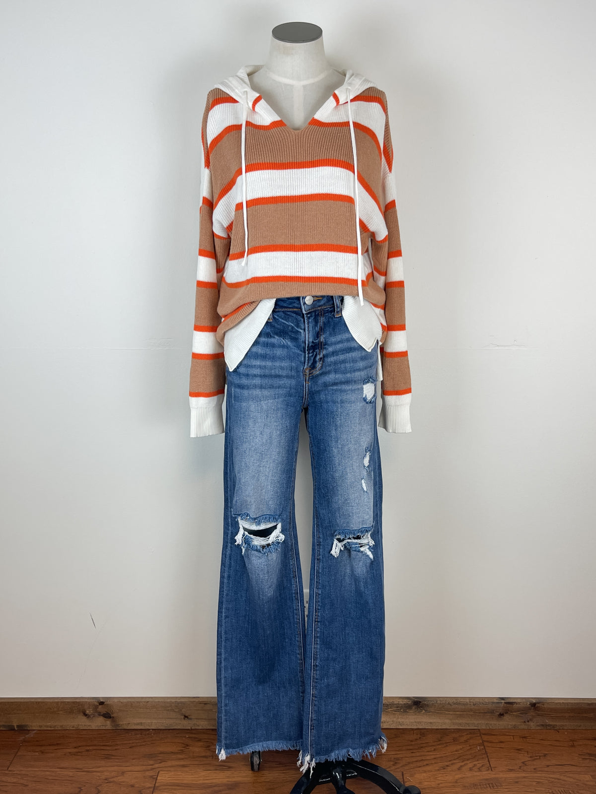 Kit Striped Hooded Sweater in Tan/Orange