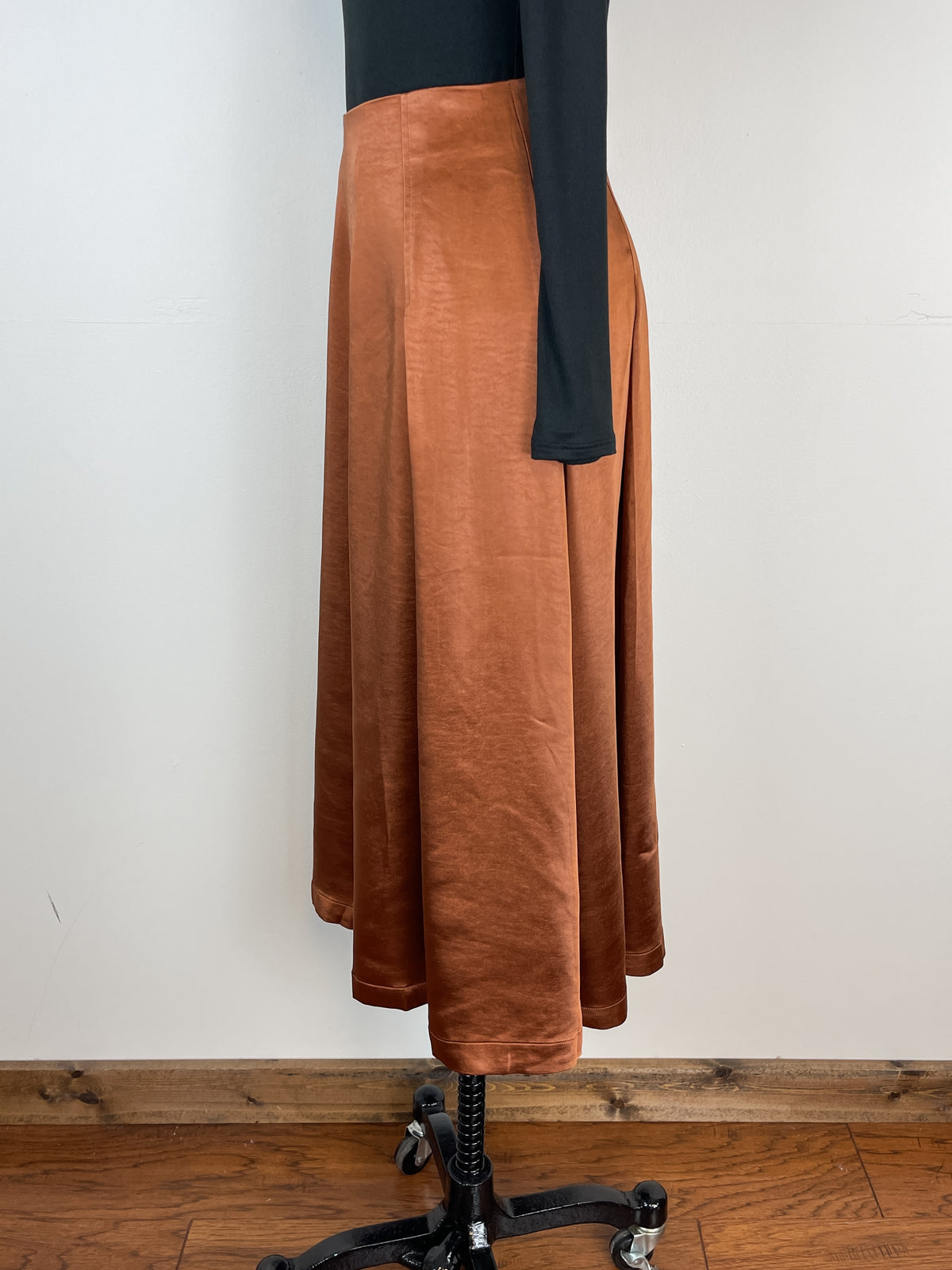 Mystree Emery Pleated Satin Midi Skirt in Dark Ginger