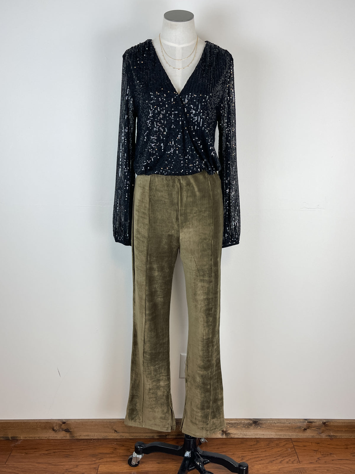 Elise Micro Corduroy Flared Pant in Olive