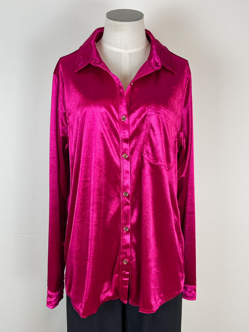 Melanie Velvet Button Down in Magenta