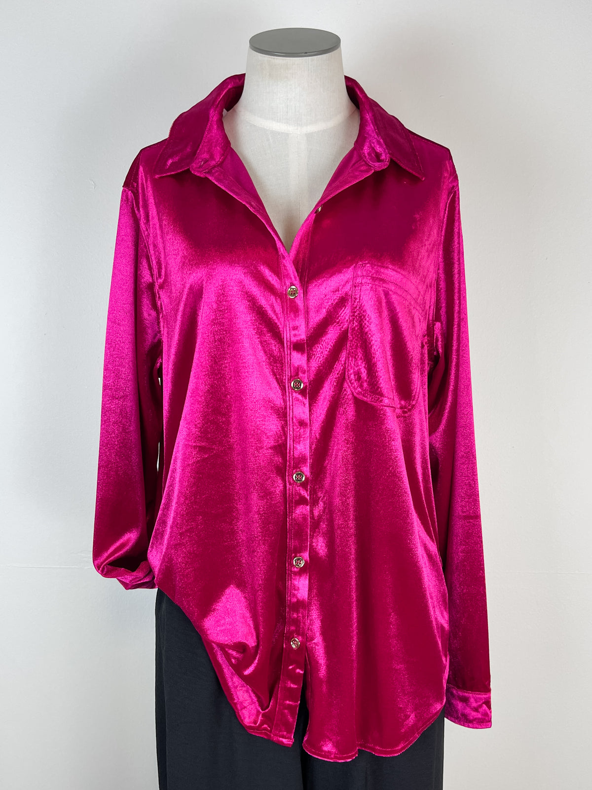Melanie Velvet Button Down in Magenta