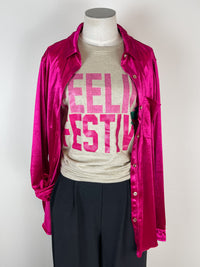 Melanie Velvet Button Down in Magenta