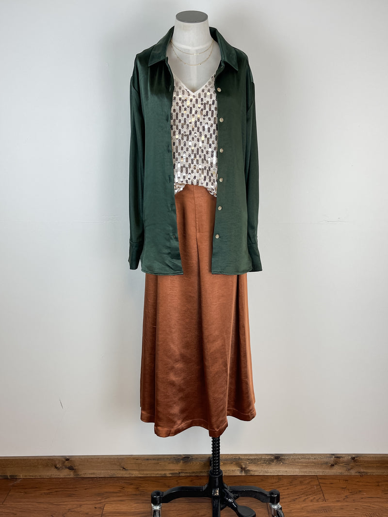 Mystree Katherine Silky Button Down in Dark Green