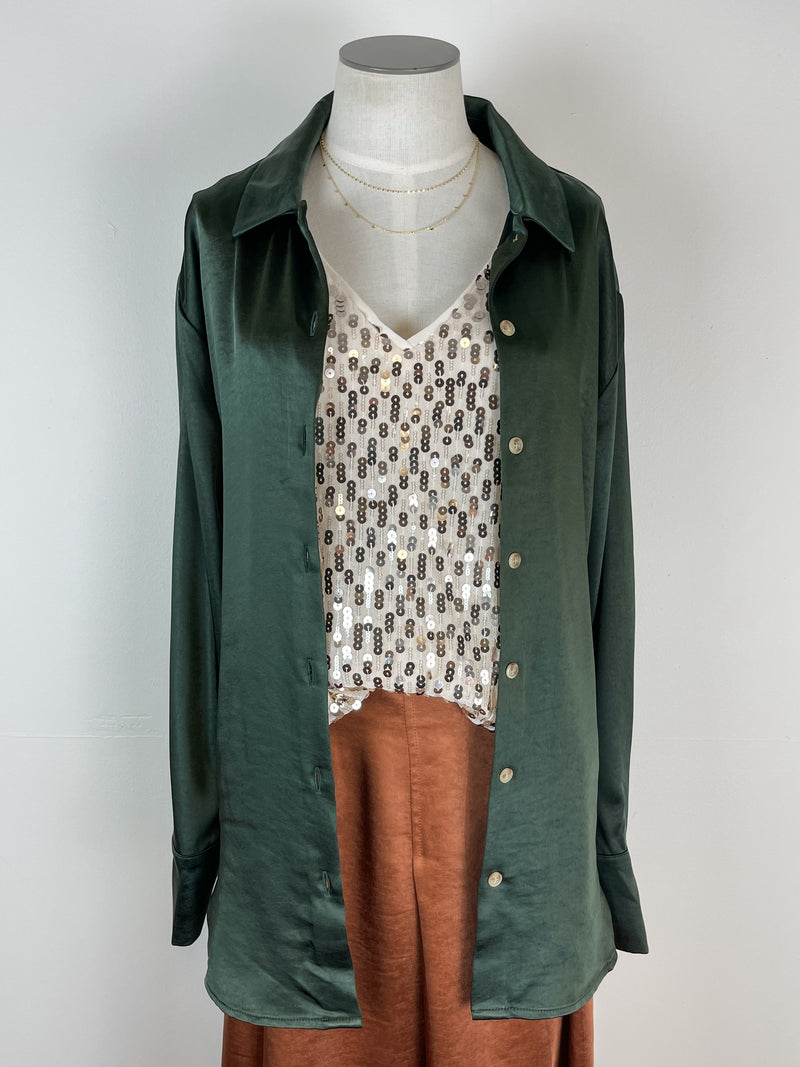Mystree Katherine Silky Button Down in Dark Green