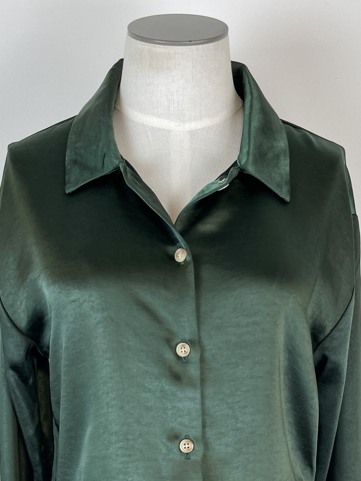 Mystree Katherine Silky Button Down in Dark Green