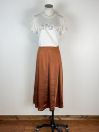 Mystree Emery Pleated Satin Midi Skirt in Dark Ginger