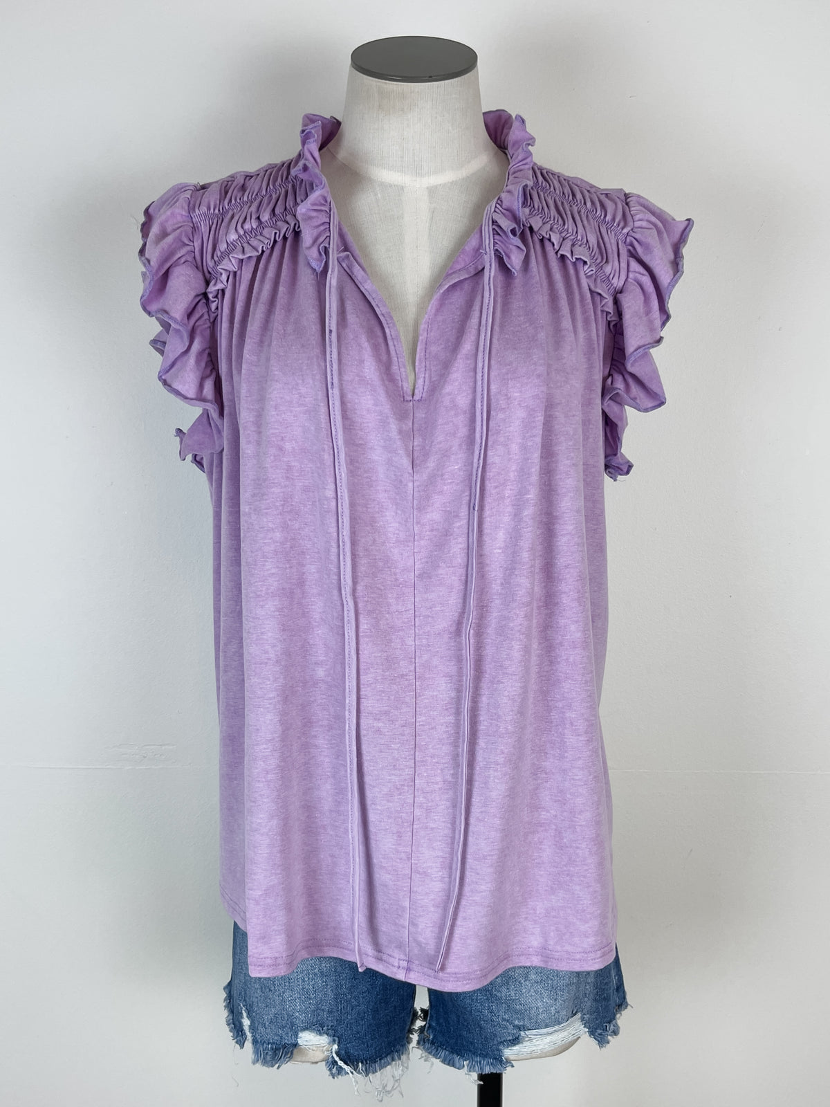 Rhea Mineral Washed Ruffle Sleeve Blouse in Lavender