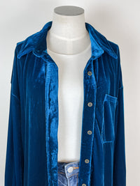 Mae Velvet Long Button Down in Teal