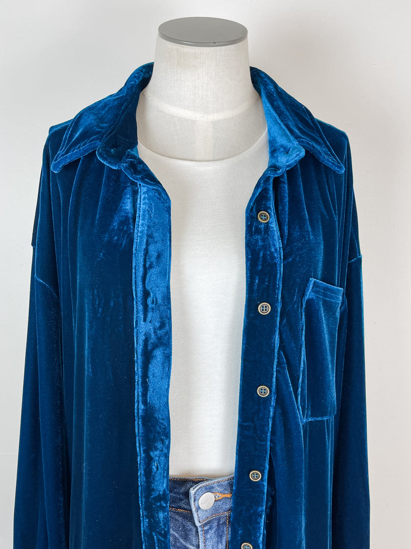 Mae Velvet Long Button Down in Teal