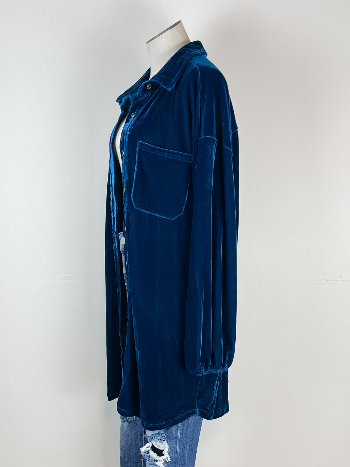 Mae Velvet Long Button Down in Teal