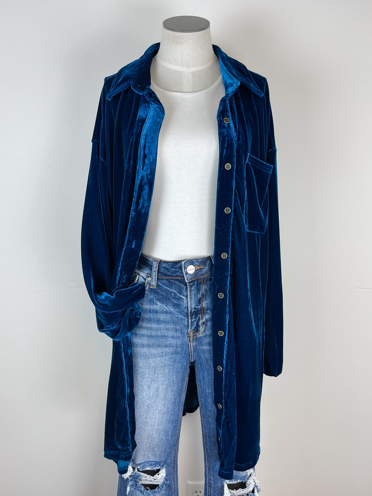 Mae Velvet Long Button Down in Teal