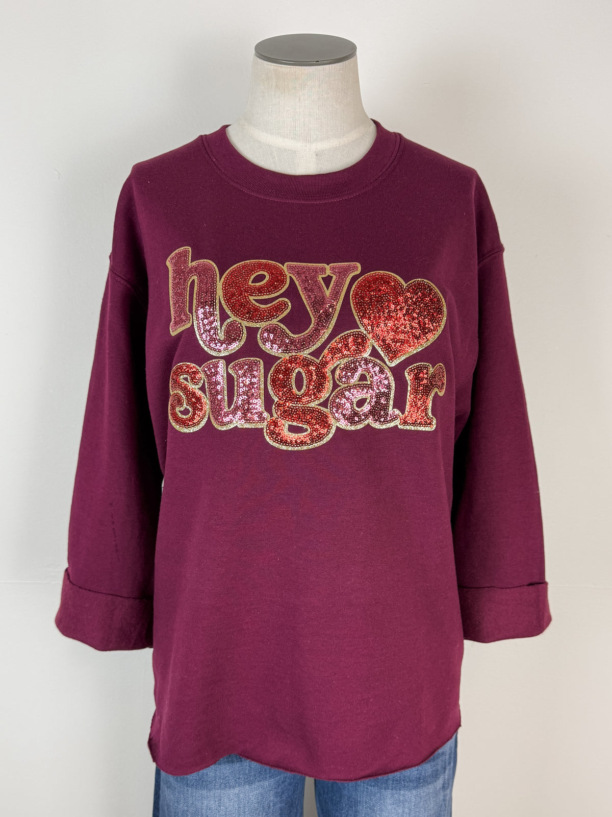 Hey Sugar Sequin Patch Cut Sweatshirt in Maroon