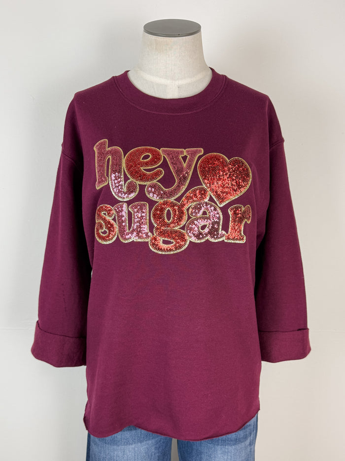 Hey Sugar Sequin Patch Cut Sweatshirt in Maroon