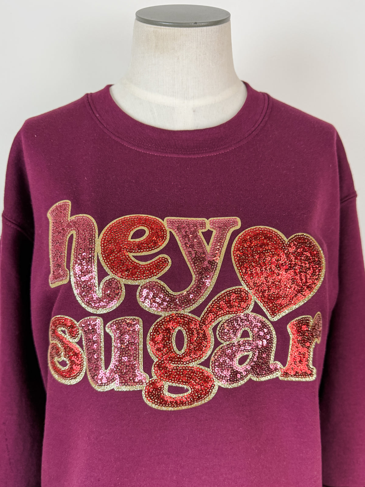 Hey Sugar Sequin Patch Cut Sweatshirt in Maroon
