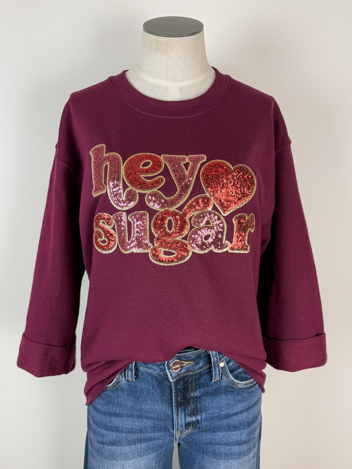 Hey Sugar Sequin Patch Cut Sweatshirt in Maroon