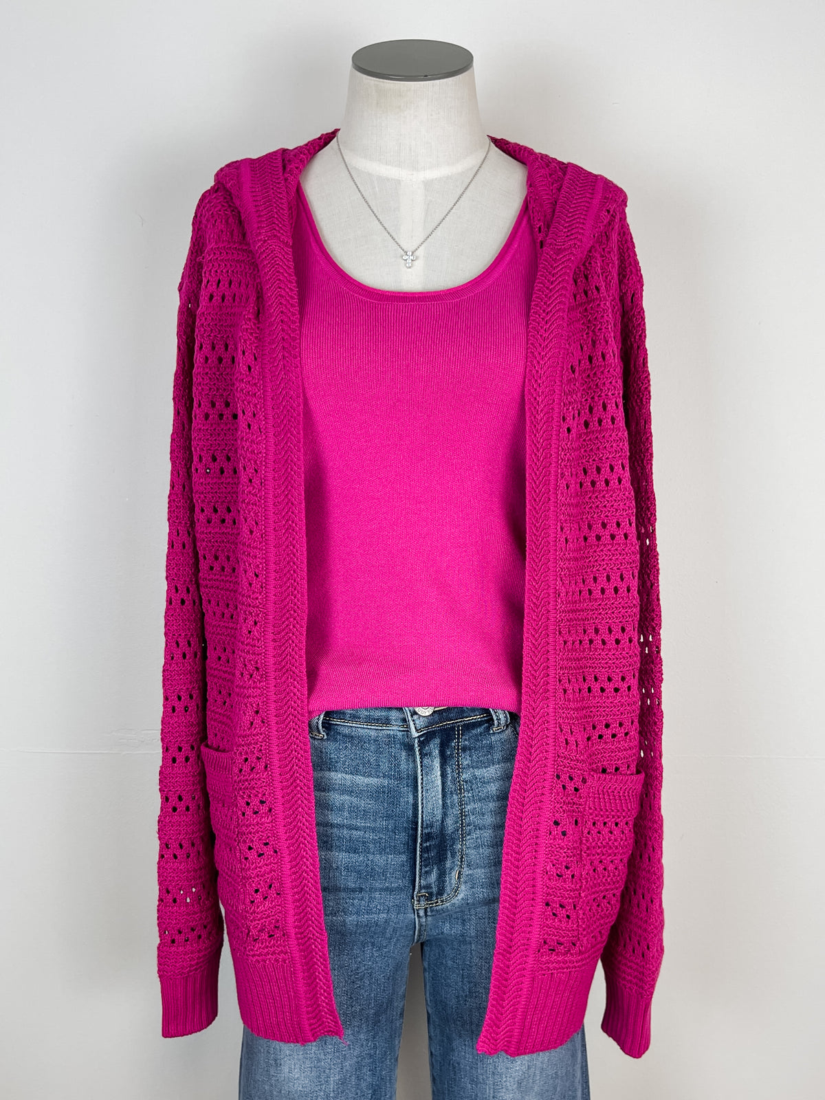 Molly Crochet Hooded Cardigan in Magenta