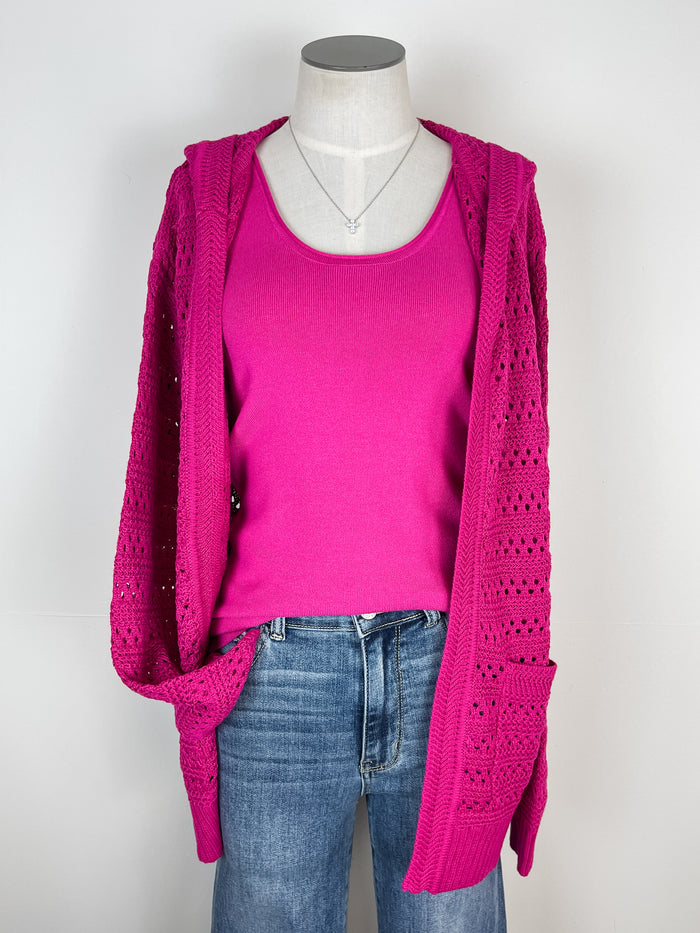 Molly Crochet Hooded Cardigan in Magenta