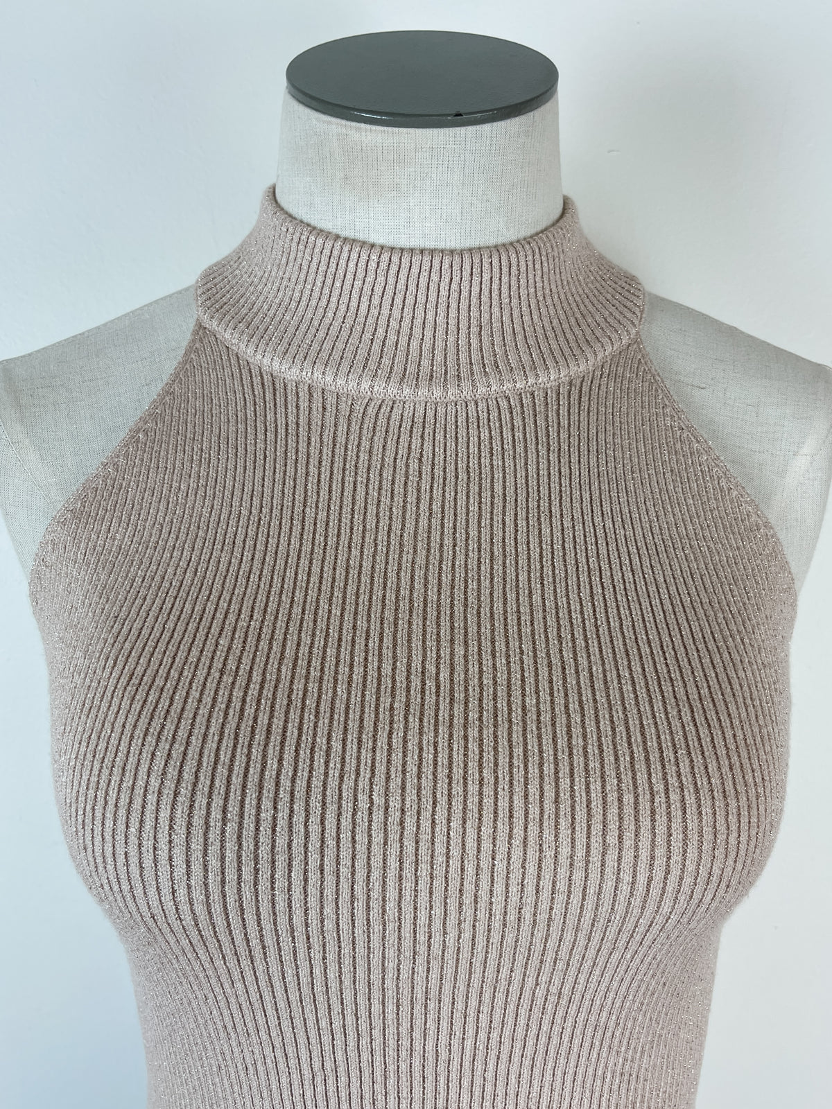Genevieve Sleeveless Mock Neck Sweater in Beige Shimmer