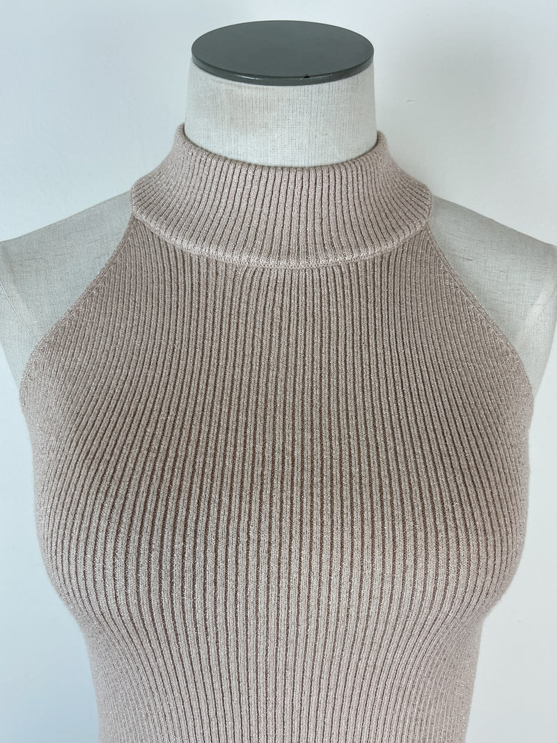 Genevieve Sleeveless Mock Neck Sweater in Beige Shimmer