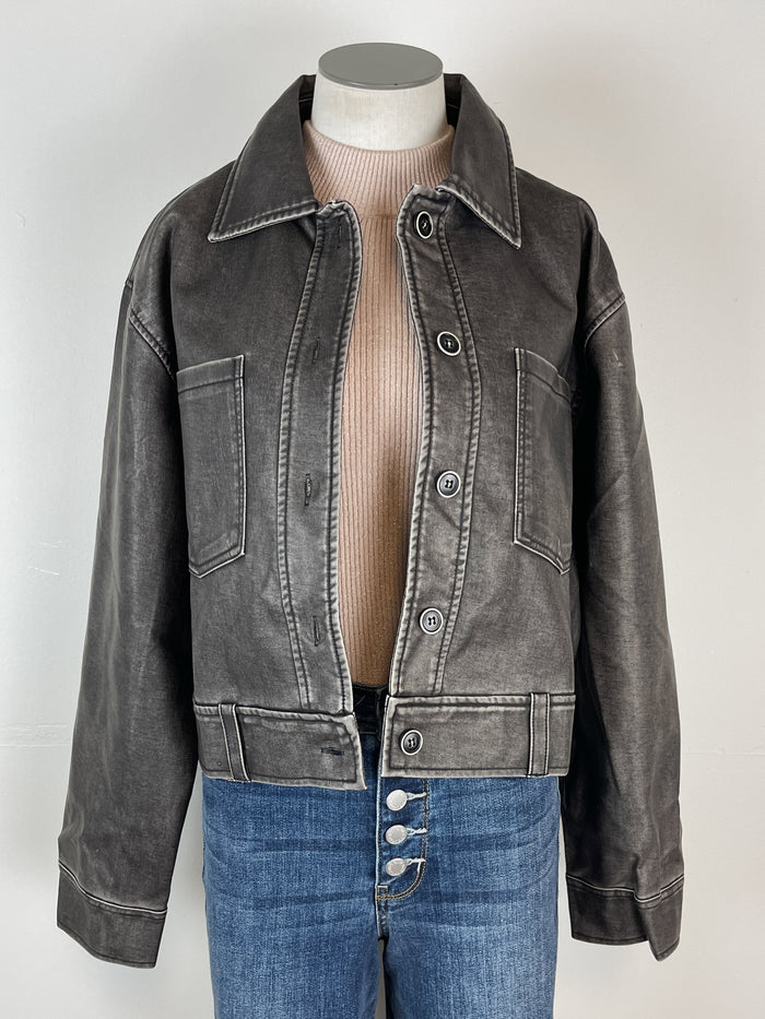 Bree Cropped Faux Leather Jacket in Washed Black