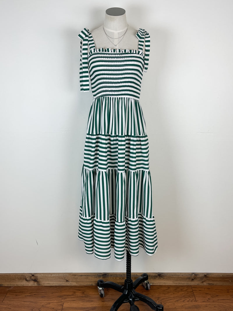 Rory Smocked and Tiered Striped Dress in Green/White