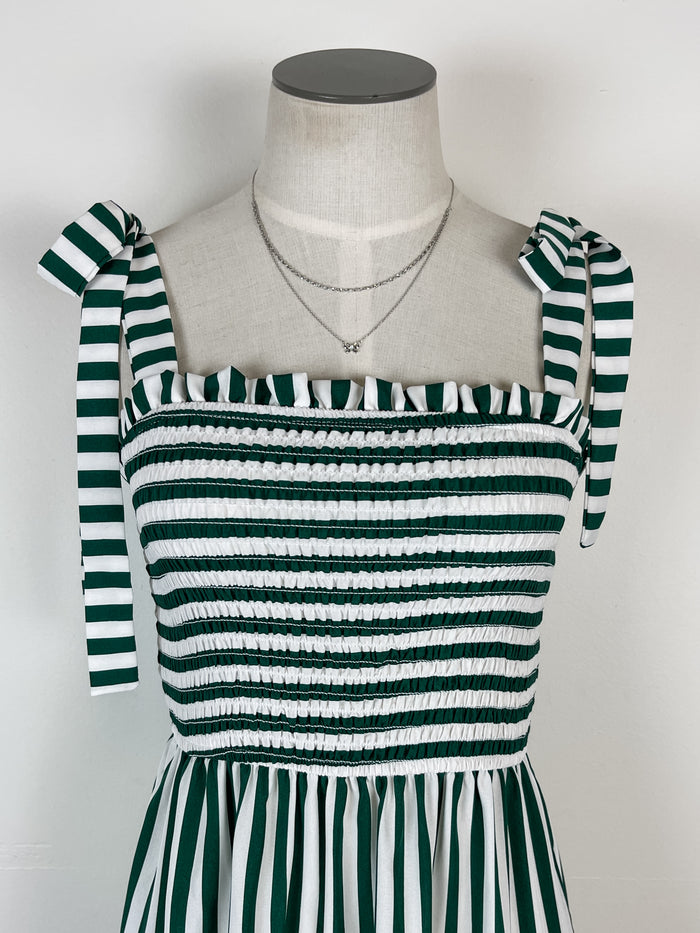 Rory Smocked and Tiered Striped Dress in Green/White