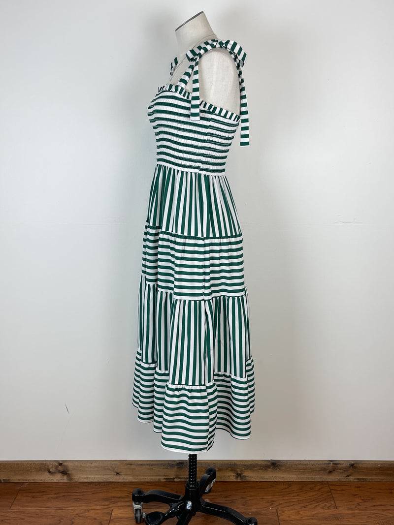 Rory Smocked and Tiered Striped Dress in Green/White