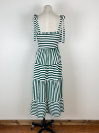 Rory Smocked and Tiered Striped Dress in Green/White