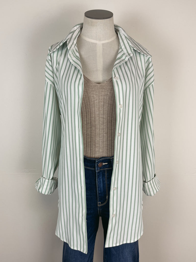 Striped Long Sleeve Button Down in Ivory/Sage