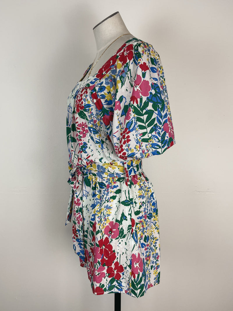 Square Neck Floral Romper in Off White