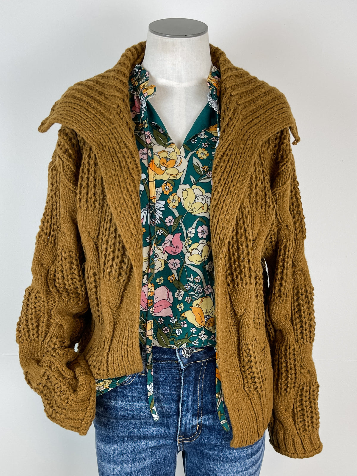 Cassidy Chunky Cable Knit Cardigan in Mustard