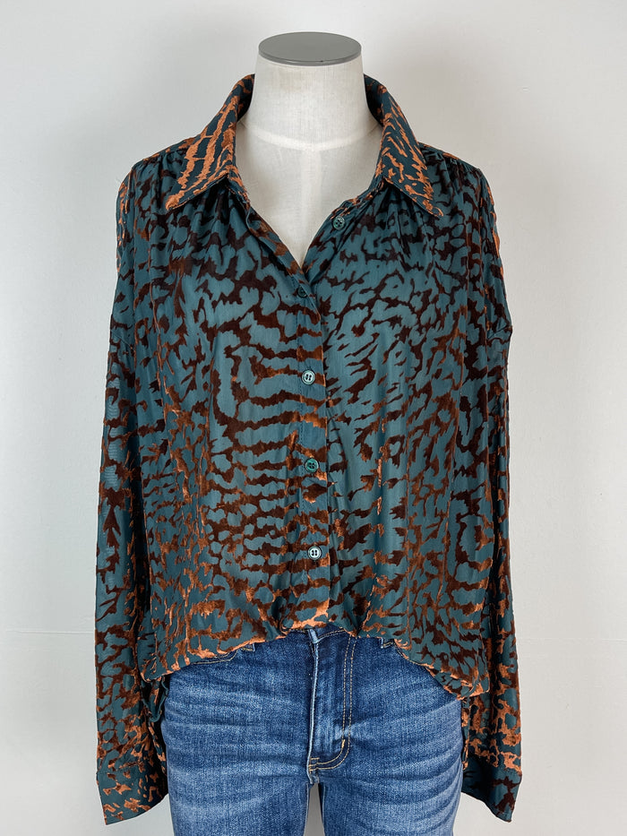 Allie Button Down Top in Deep Teal/Copper