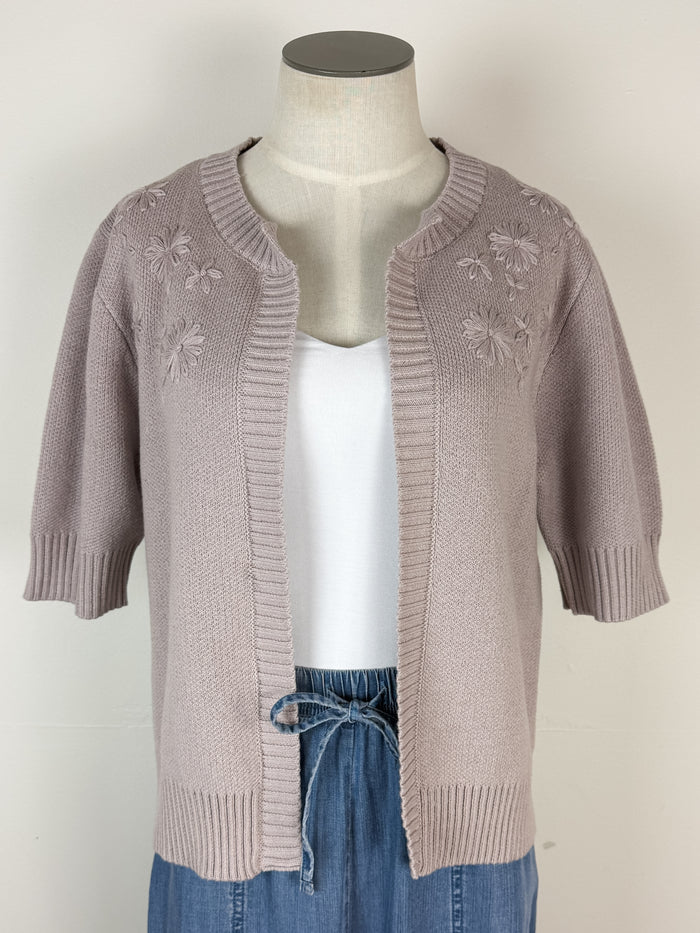 Daisy Embroidered Short Sleeve Cardigan in Lilac