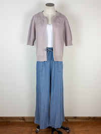 Daisy Embroidered Short Sleeve Cardigan in Lilac