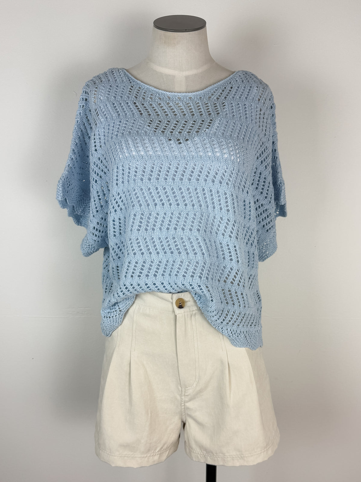 Willow Crochet Short Sleeve Sweater in Powder Blue