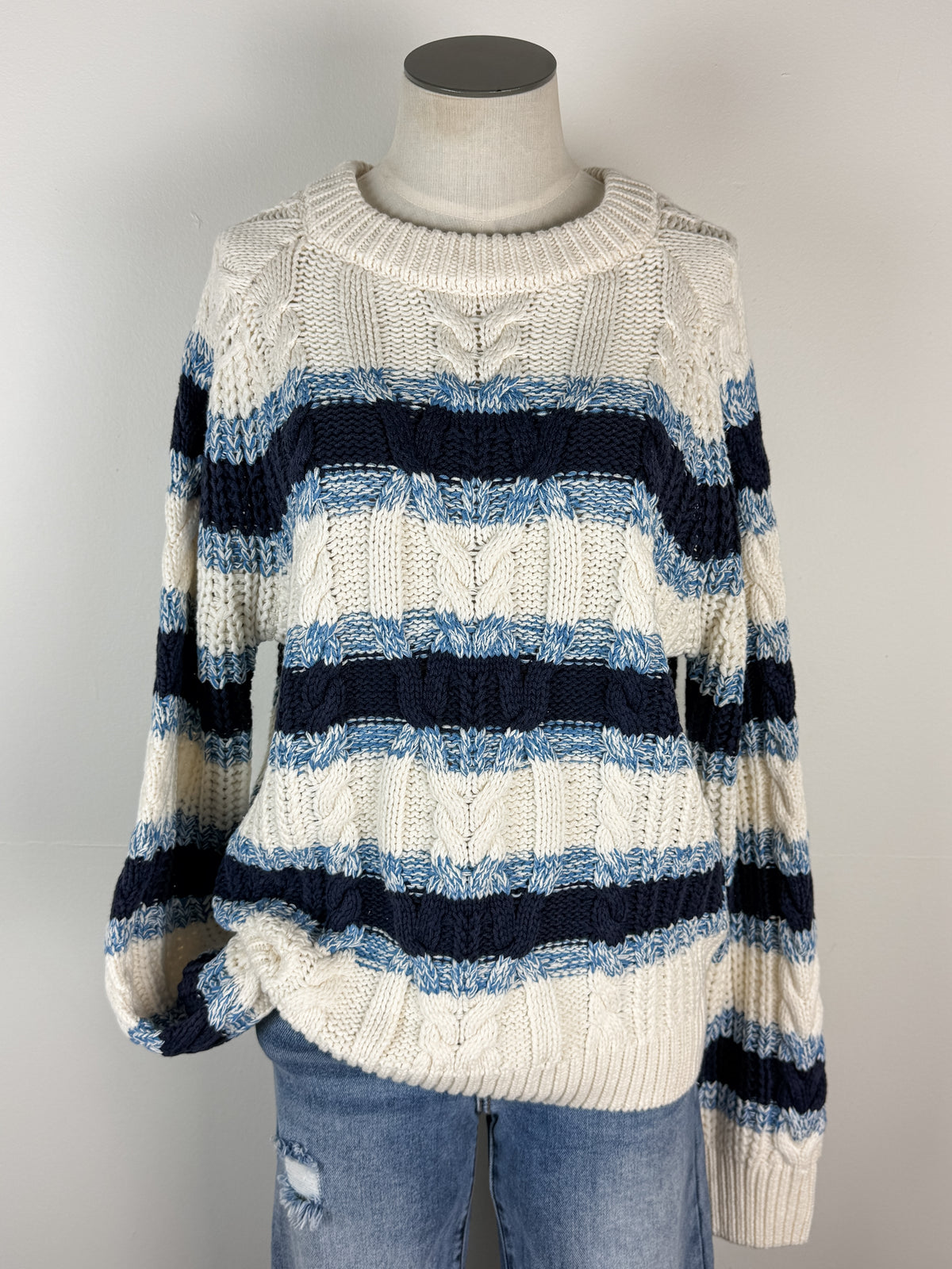 Emery Cable Knit Striped Sweater in Blue