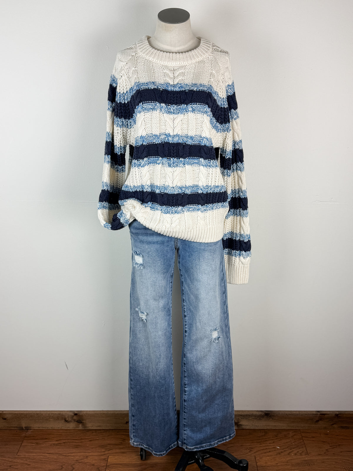 Emery Cable Knit Striped Sweater in Blue